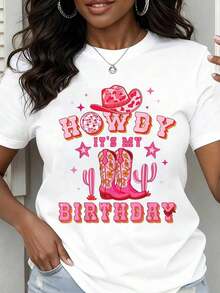 Camiseta de cuello redondo para mujer con estampado de sombrero de vaquero rosa, botas y cactus, manga corta, informal, para fiestas y celebraciones. - Blanco - Ver 7