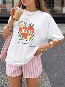 Camiseta Casual para Mujer con Estampado de Corazón de Jesús, Diseño Floral de Corazón, Estilo Casual Versátil y Holgado, Ideal para Uso Diario/Excursiones de Chicas/Salidas de Primavera, Estilo Ligero y Transpirable para Verano, 100% Algodón, Duradera - Blanco - Ver 1