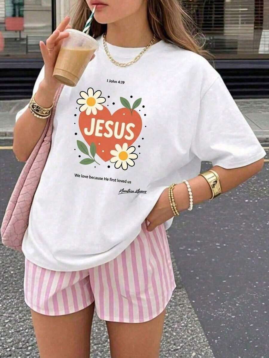 Camiseta Casual para Mujer con Estampado de Corazón de Jesús, Diseño Floral de Corazón, Estilo Casual Versátil y Holgado, Ideal para Uso Diario/Excursiones de Chicas/Salidas de Primavera, Estilo Ligero y Transpirable para Verano, 100% Algodón, Duradera - Blanco - Ver 1