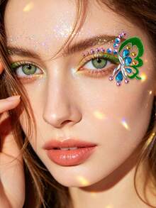 1 pieza Pegatina de media luna con mariposa y cristales de estrás, joya facial autoadhesiva, pegatina de maquillaje para escenario, adecuada para uso diario, festivales y fiestas para realzar la sofisticación del maquillaje - Multicolor - Ver 3
