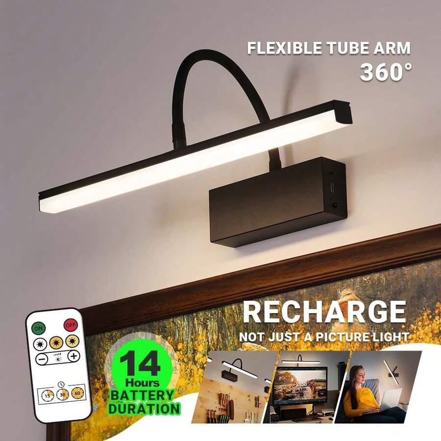 wamblz Đèn tường LED sạc pin, đèn treo tường linh hoạt có thể điều chỉnh, chiều cao 40cm, có chức năng hẹn giờ điều chỉnh độ sáng, đèn tường trong nhà không dây, đèn chiếu tranh màu đen. - Đen - Xem 1