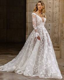 Women's Lace Long Sleeve Wedding Dress, Deep V Neck A-Line Bridal Gown, Floral Applique Tulle Maxi Dress - trắng - Xem 7