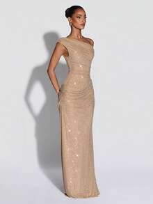 Women's One-Shoulder Waist-Cut Slim-Fit Rhinestone Long Dress, Suitable For Dinner Parties And Banquets - Vàng - Xem 3