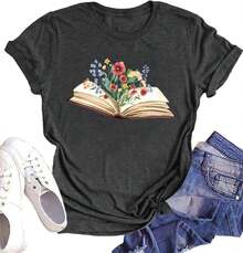 Camisetasparaamantesdeloslibros,paraprofesores,divertidasfloressilvestres,paralectura,gráficos,casual,regaloparaprofesores - Negro - Ver 7