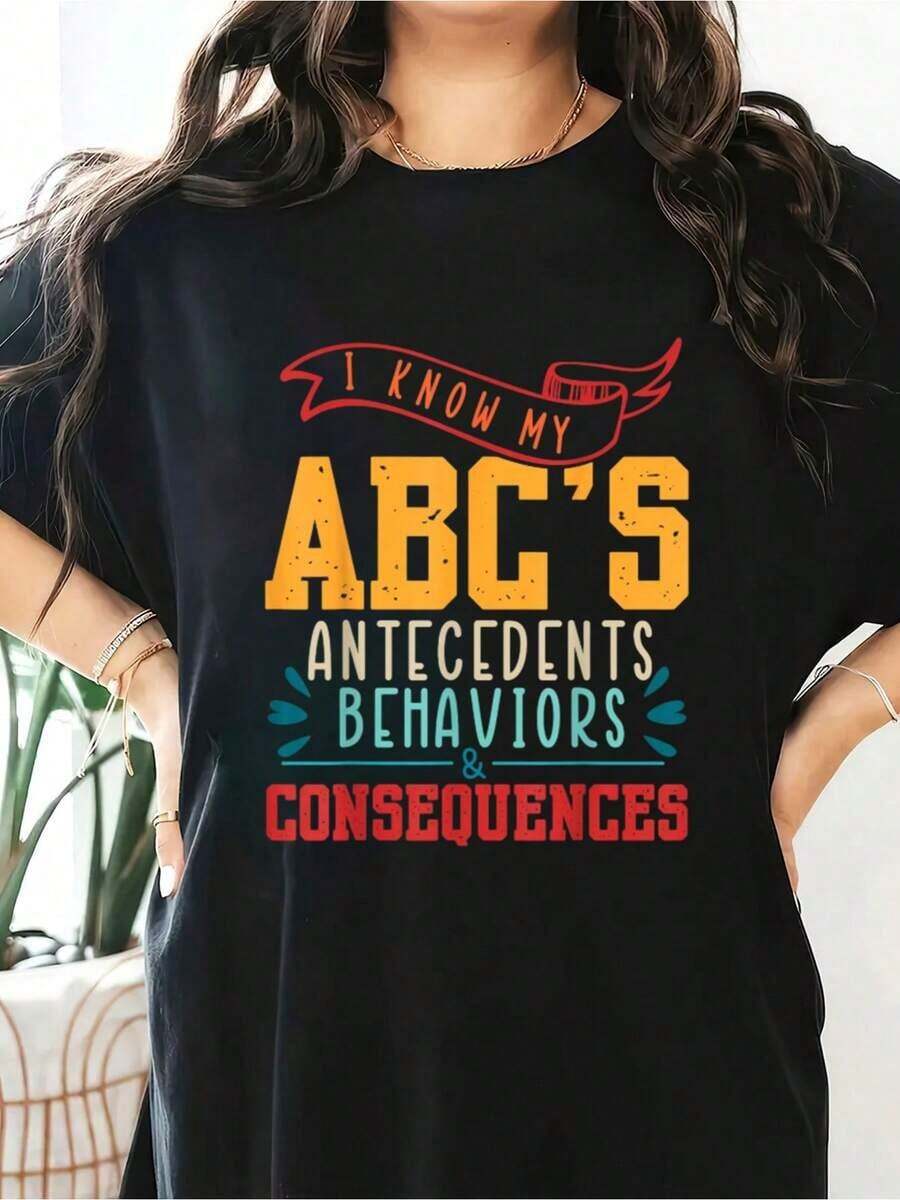 100% Algodón, Camisetas de Manga Corta con Cuello Redondo para Mujer, Estampado "Sé Mi ABC", para Analistas de Comportamiento Aplicado, Terapeutas de Comportamiento Aplicado, RBT, Blusas para mujer, Tops de Verano, Ropa de Verano para Mujer - Negro - Ver 1