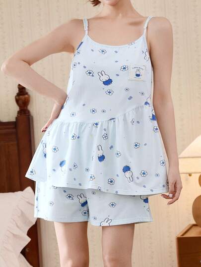 Gongdie 2 Pieces Set Miffy Pajamas For Women, Summer Camisole Pajama Set, Adjustable Spaghetti Straps, Ruffle Hem, Floral & Polka Dot Print Lounge Sleepwear