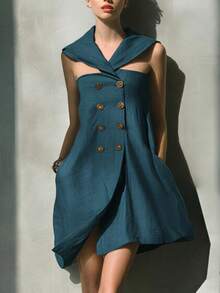 Vestido corto de moda para mujer, cuello de capa con calados, doble  de botones, bolsillos, diseño favorecedor, perfecto para looks casuales, de día y de oficina - Azul - Ver 5