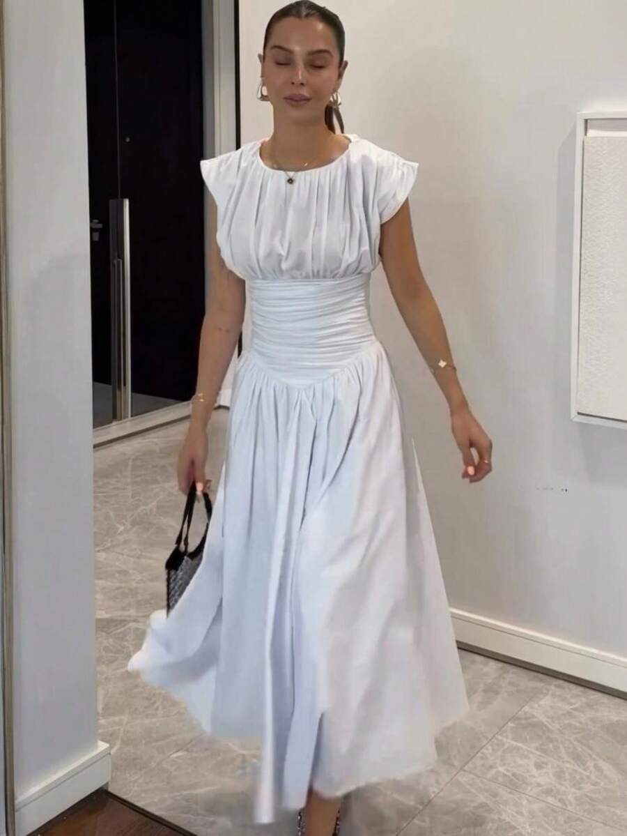 New Women's Dress 2026, Sweet And Seductive Style, Fitted At The Waist, Slimming, A-Line Skirt, French Style For Young Women, With Pleats And Attached Seams, Short Sleeve, Mid-Length Skirt - 白色 - 查看 1