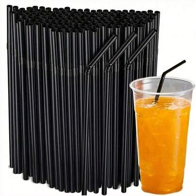 50-500pcs Flexible Black Plastic Straws, Bendable Party Decoration Straws, Plastic Drinking Straws, Coffee And Cocktail Stirrers, Beverage Accessories Suitable For Milkshakes, Smoothies, Bubble Tea, Iced Coffee, Great For Home Camping Picnic Party, Party Supplies, Household & School Essentials
