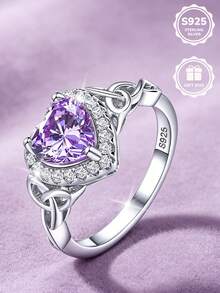 1pc 925 Sterling Silver Celtic Knot Inlaid Purple Synthetic Zirconia Heart-Shaped Ring, Daily Commute Gift Choice, Comes With Gift Box - Silver - View 3