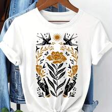 Camiseta de Mujer - Camiseta de Arte Folclórico Bohemio - Top de Manga Corta con Estampado Floral y de Aves Estilo Bohemio Vintage, Verde Oliva con Naranja/Negro, Ropa Casual de Verano para Vacaciones, Lavable a Máquina, Tallas S-XXL, Casual. - Blanco - Ver 7