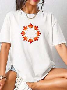 Soft And Comfortable Korean Style T-Shirt, Casual Women's Clothing, Short Sleeve T-Shirt Made Of Pure Cotton, Soft And Comfortable, Recommended Item, With Circular Print Design Featuring Autumn Maple Leaf Patterns. 100% Breathable Cotton. - 白色 - 查看 12