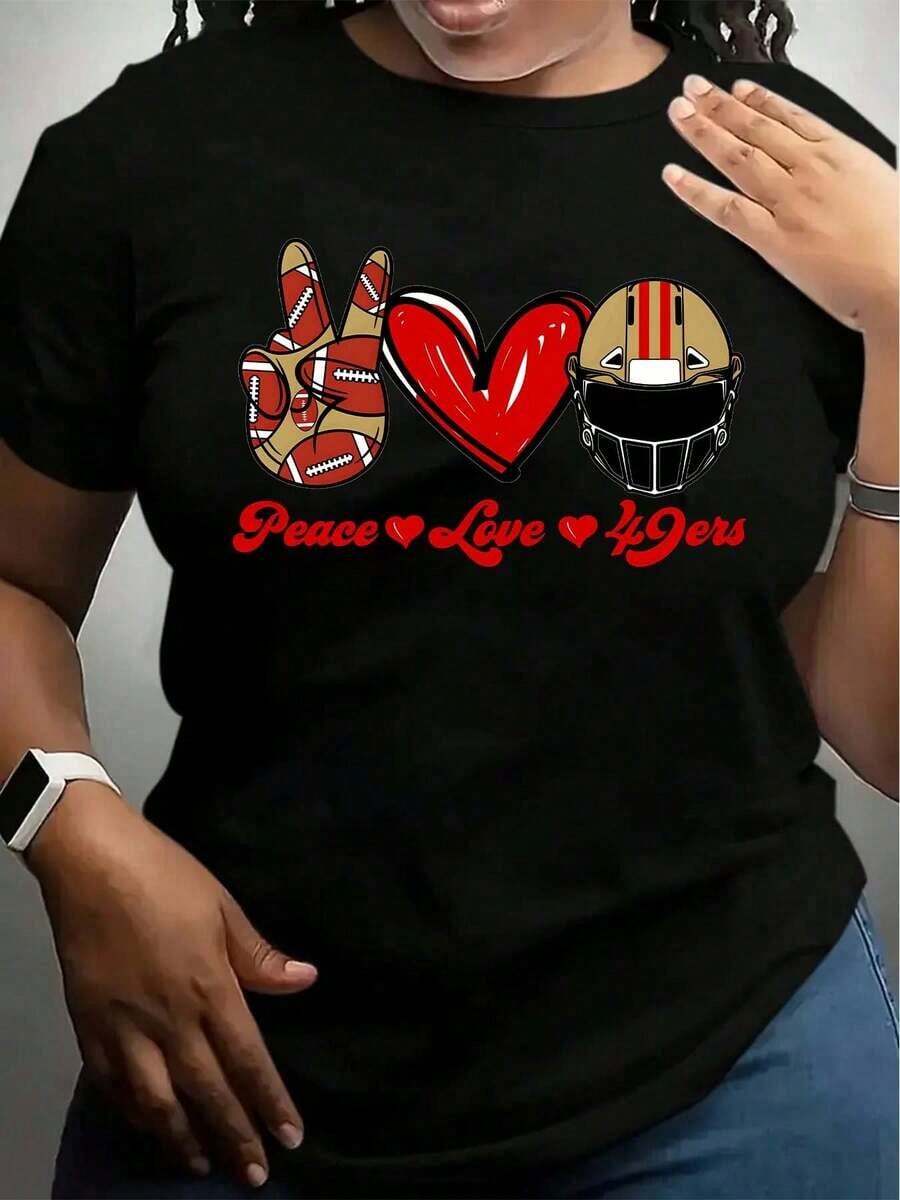 Camisetas Casuales Unisex Premium Bonitas, Camiseta Negra con Diseño de Casco de Fútbol Americano de los 49ers, Paz, Amor y Corazón para Uso Casual y Aficionados al Deporte - Negro - Ver 1
