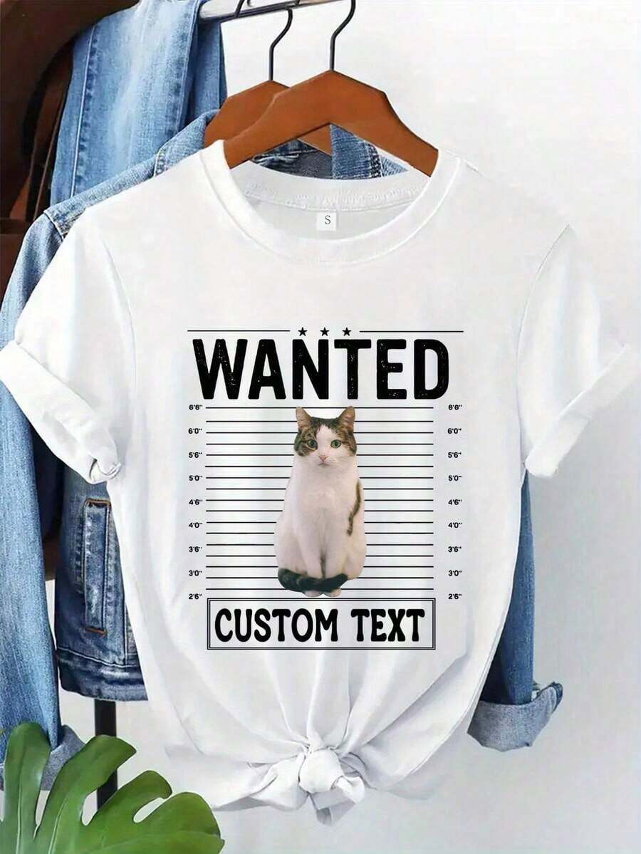 Personalized Women's T-Shirt With Cartoon Graphics And Funny Pet Photos, With Custom Text. Funny Pet Photo T-Shirt, Personalized Text And Photo T-Shirt, Personalized Cat Image T-Shirt, Family Image T-Shirt, Personalized Gift T-Shirt, Dog Photo T-Shirt, Gifts For Family And Friends, Funny Holiday T-Shirts, 100% Cotton, Crew Neck. Summer Essential, Everyday Casual Wear - Unisex Loose Cotton Short Sleeve Crew Neck Vintage Street Style T-Shirt - 白色 - 查看 1