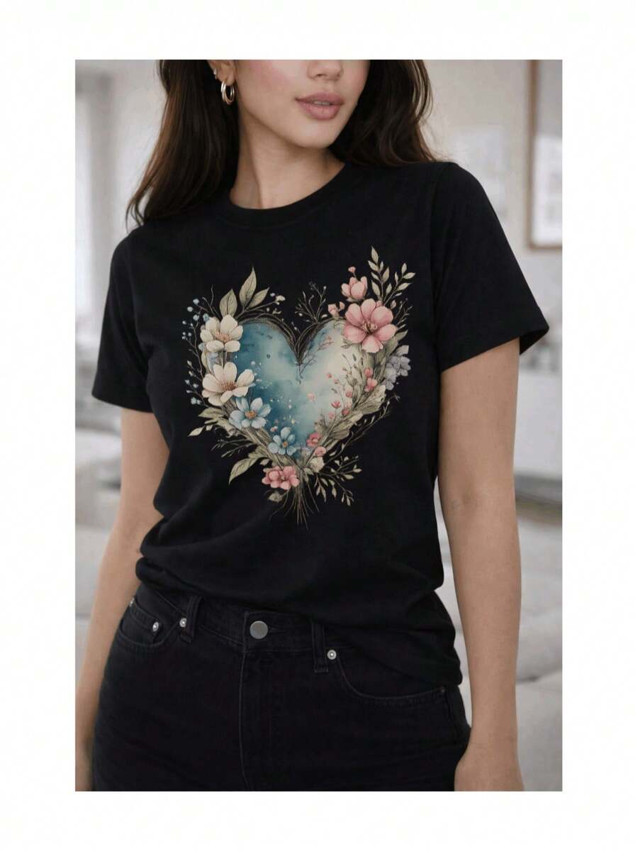 Women's Short Sleeve T-Shirt With Floral Heart Print, Wreath, Wildflowers, Watercolor Artistic Finish - 黑色 - 查看 1