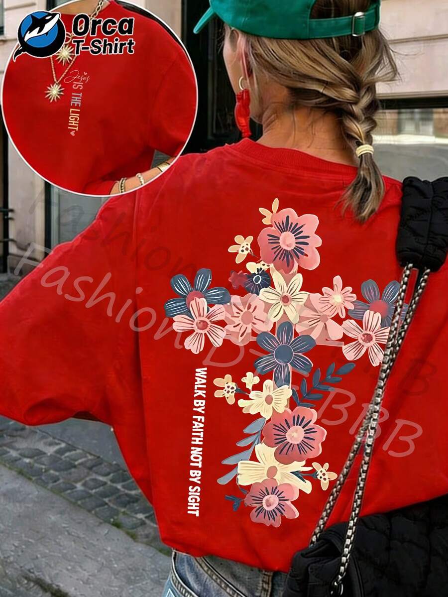 Women's 100% Y2K Short Sleeve T-Shirt - "Walk By Faith" Religious Cross Print, Round Neck, Loose Fit, Blouse Suitable For Spring/Summer Church Outfits, Casual And Daily Wear - Urban Vintage Style, Unisex Loose Fit Short Sleeve Round Neck Cotton T-Shirt. - 紅色 - 查看 1
