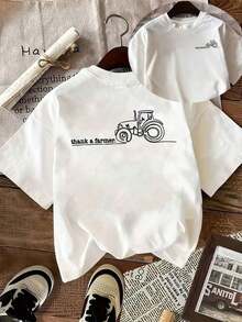 GiftEsta camiseta de mujer presenta una impresión a doble cara con un diseño de cuello redondo de manga corta. Destaca una línea gráfica de tractor junto con el texto 'Agradece a un agricultor'. Es lavable a máquina, perfecta para uso casual, ropa versátil, camiseta de moda. Suave - Blanco - Ver 1
