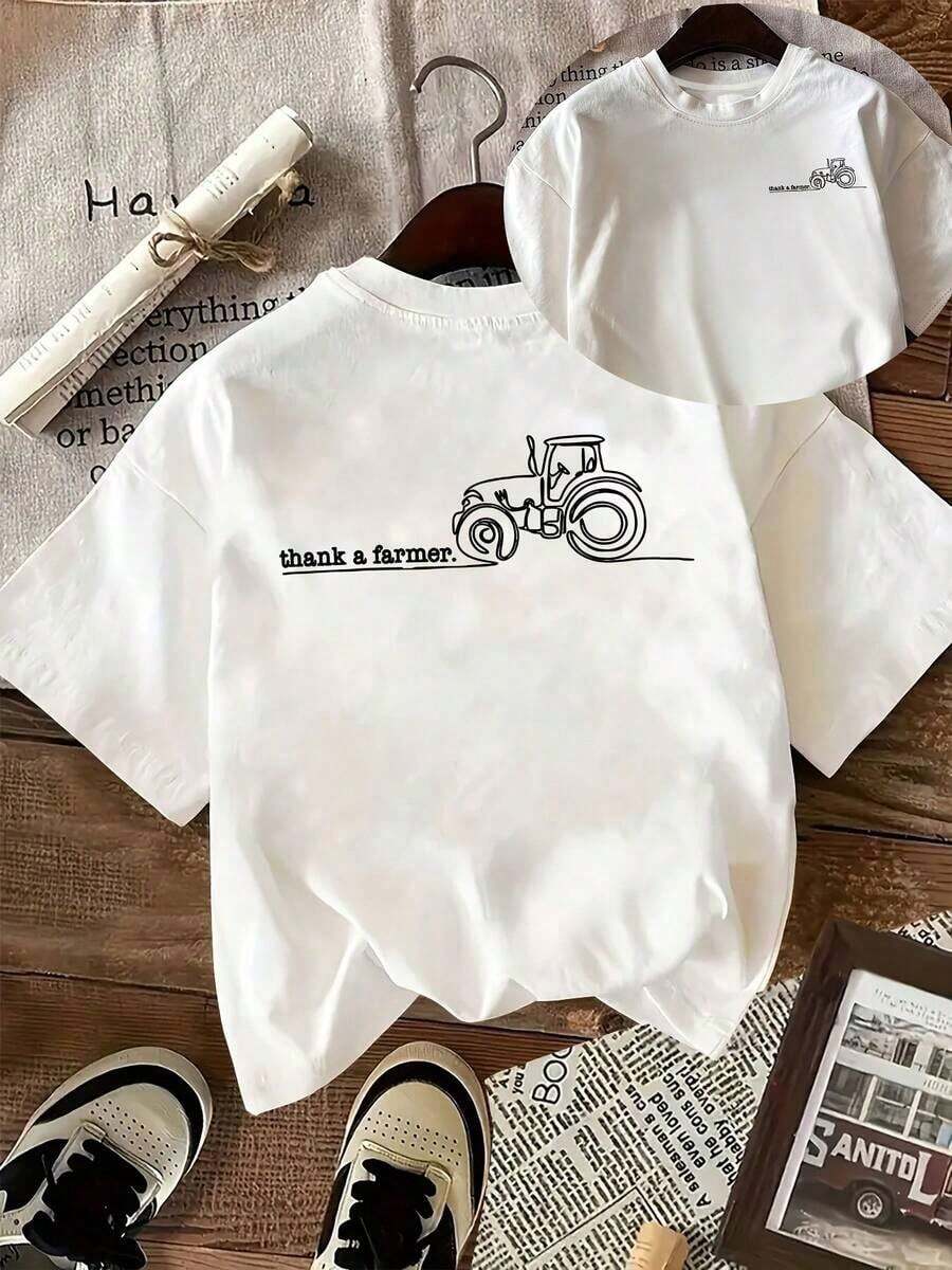 GiftEsta camiseta de mujer presenta una impresión a doble cara con un diseño de cuello redondo de manga corta. Destaca una línea gráfica de tractor junto con el texto 'Agradece a un agricultor'. Es lavable a máquina, perfecta para uso casual, ropa versátil, camiseta de moda. Suave - Blanco - Ver 1