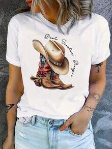 Playeras De Mujer Camiseta Estampada De Estilo Occidental Para Mujer |     DiseñO De Botas Y Sombrero De Mezclilla, Texto 'Mejor Temporada', Lavable A MáQuina, Uso Casual Para Todas Las Estaciones, Elegante Regalo Para Fiestas Y Vacaciones. - Blanco - Ver 8