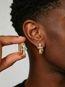 1 par de pendientes de aro cuadrados con cruz de circonita estilo hip hop para hombre, chapados en oro, joyería de pareja para fiesta, festival de música, regalo de aniversario para novio - Pendientes - Ver 6