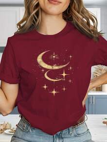 Comfortable And Stylish Women's T-Shirt "Moon Phases And Stars" In Y2K Style With Oversized Logo And Geometric Print - Slim-Fit Short-Sleeve Top, Black And Gold Color Combination, Casual Summer Wear, Machine Washable Stretch Fabric (Anti-Wrinkle), Suitable For Casual Wear And To Match With Other Garments. - 紅色 - 查看 12