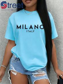 Camiseta con estampado de la ciudad italiana MILÁNO, estilo retro sencillo, ropa de recuerdo de viaje, camiseta casual para mujer, ropa de mujer, ropa de verano, camiseta ligera de manga corta, holgada, sencilla y elegante, moderna y versátil. - Rojo - Ver 11