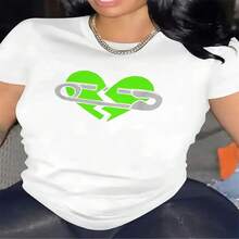 Women's Casual Round Neck Short Sleeve T-Shirt With Unique Heart And Safety Pin Graphic, Regular Length High Stretch Cotton Tee - 白色 - 查看 1