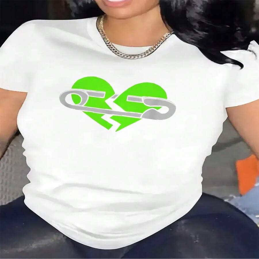 Women's Casual Round Neck Short Sleeve T-Shirt With Unique Heart And Safety Pin Graphic, Regular Length High Stretch Cotton Tee - 白色 - 查看 1
