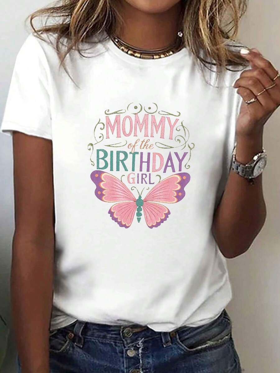 Camiseta de manga corta con estampado de mamá de la niña de cumpleaños, blusa casual para verano y primavera, ropa para mujeres - Blanco - Ver 1