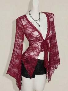 ICON Cárdigan transparente con mangas acampanadas y bajo asimétrico con estampado vintage para mujeres - Burdeos - Ver 3