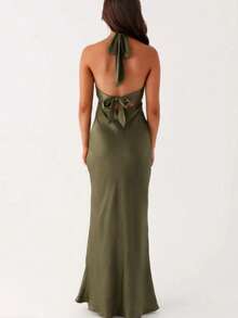 Vestido mujer 2026 verano nuevo, satén liso, sin mangas, cuello V y cuello halter, sensual con espalda descubierta, correa ajustable y ajustado, largo - Verde militar - Ver 4