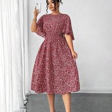 Elenzya Plus Size Women Ditsy Floral Round Neck Ruffle Sleeve Waist A-Line Midi Dress, Elegant Outdoor Wear - Verde - Ver 5