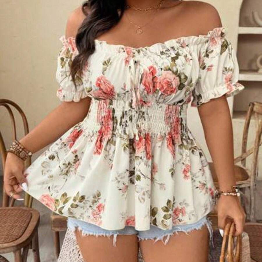 Plus Size Women Off-Shoulder Cinched Waist Floral Print Elegant Fashionable Blouse Top, Suitable For Date, Travel And More, Spring/Summer - Multicolor - Ver 1