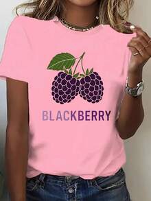 Plus Size, Women's Oversized T-Shirt With Blackberry Fruit Print - Casual Round Neck Blouse Suitable For Autumn/Winter, Machine Washable, Ideal For Casual And Berry Themed Outfits. - 粉色 - 查看 6