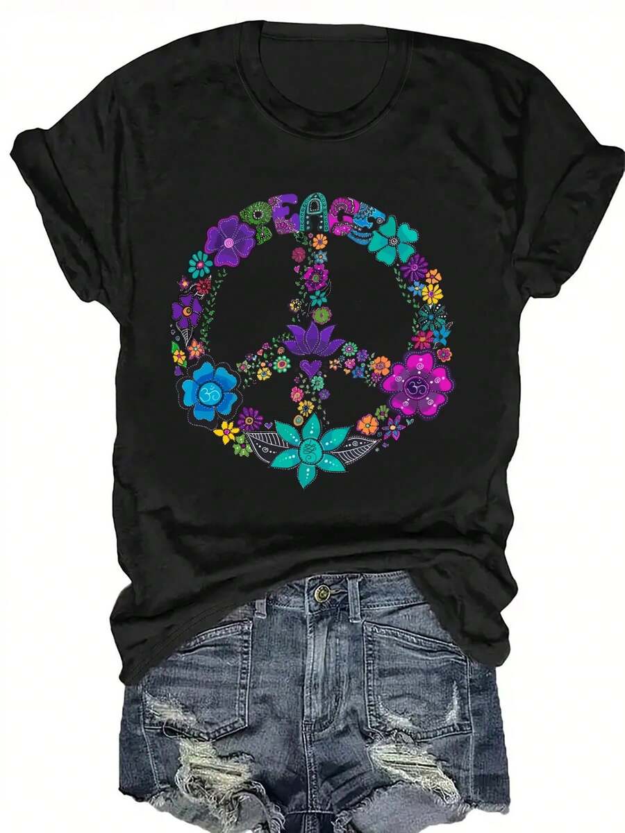 Women's Plus Size Black T-Shirt With Vibrant Floral Design And Peace Symbol - Casual Crew Neck, Short Sleeve, Summer And Spring Top, Casual Wear | Peace Symbol Top | Stretch Fabric - 黑色 - 查看 1