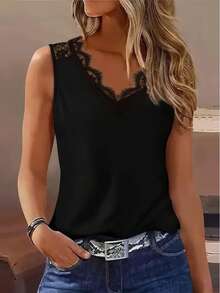 Women's Solid Color Contrast Lace V-Neck Sleeveless Blouse - Black - View 1