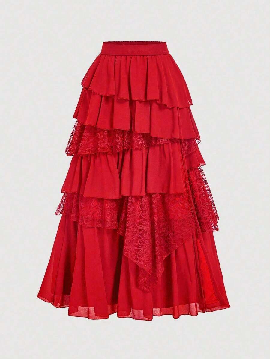 MOD Elegancia bohemia-occidental: Falda larga de gasa y encaje fluida en negro - Tu compañera sin esfuerzo para picnics a la hora dorada y aventuras bohemias - Rojo - Ver 1