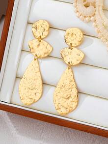 1 par de pendientes elegantes de uso diario con forma geométrica larga, textura clásica y personalizada, de estilo europeo y americano de moda - Dorado - Ver 1