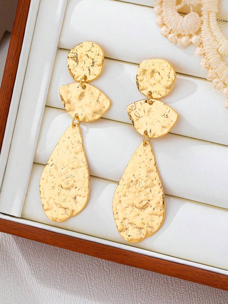 1 par de pendientes elegantes de uso diario con forma geométrica larga, textura clásica y personalizada, de estilo europeo y americano de moda - Dorado - Ver 1