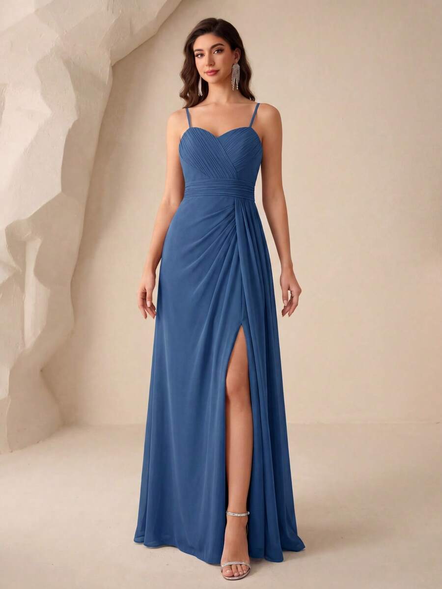 UNITHORSE Vestido de dama de honor de gasa con tirantes finos, cintura fruncida y abertura para boda - Neblina azul - Ver 1
