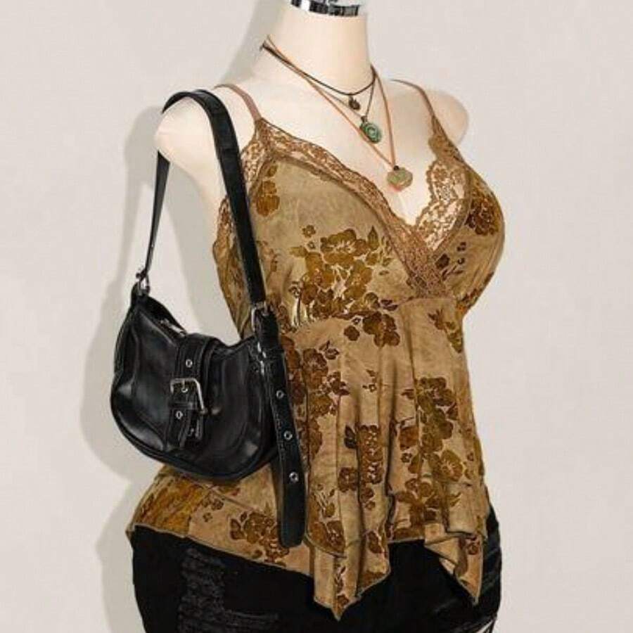 ICON Plus Size Hippie Women Lace Contrast Allover Print Asymmetric Hem Camisole Top, Suitable For Festival, Summer Vacation, Graduation And Back To School - Amarillo - Ver 1