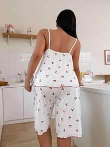 Plus Size Cherry Print Milk Silk Camisole & Long Pants Pajama Set For Women - White - View 2