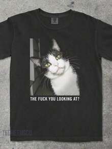 1 Piece Funny Cat T-Shirt With "Strawberry Jams But My Don't" Print, Cat Mom T-Shirt, Funny Cat Meme T-Shirt, Gift For Cat Lovers, Vintage, 180g 100% Cotton - 黑色 9 - 查看 1
