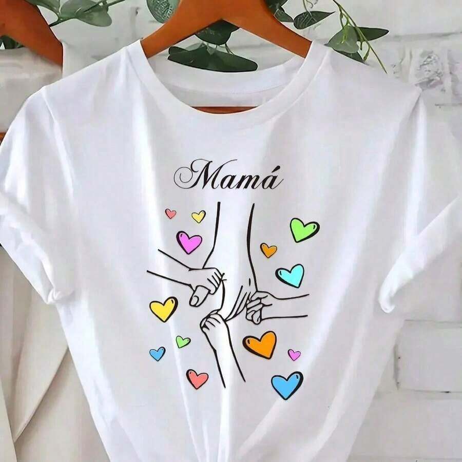 Día de la Madre de la Mujer "Mamá" Camiseta Gráfica - Rosa Casual Manga Corta con Diseño de Corazón Colorido, Perfecto para el Verano, Comodidad Diaria, Camiseta Diaria| Camiseta con Estampado Juguetón| Ajuste Cómodo, Regalos para el Día de las Madres - Blanco - Ver 1
