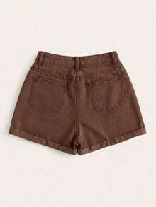 Shorts vaqueros de tiro alto enrollados para verano - Café integral 2 - Ver 2