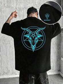 Camiseta Baphomet con pentagrama de cabra, algodón de alta calidad, estampado a doble cara, calidad premium, estilo urbano para primavera y otoño. - Negro - Ver 5