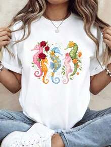 ropa de mujer Camiseta de mujer, tela suave y transpirable, estampado floral de caballito de mar, informal para uso diario, jersey suave, lavable a máquina, talla real, ropa de verano 2026 para mujer, camisas de mujer - Blanco - Ver 7
