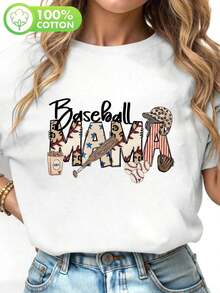 1 Pure Cotton T-Shirt With "Baseball Mama" Print, Mother's Day T-Shirt, Funny Baseball Season T-Shirt, Mother's Day Gift, Women's Casual Summer Short Sleeve Crew Neck T-Shirt, Gift For Baseball-Loving Mom, 180g 100% Cotton, All Designs Are Printed. Unisex. - 白色 - 查看 1