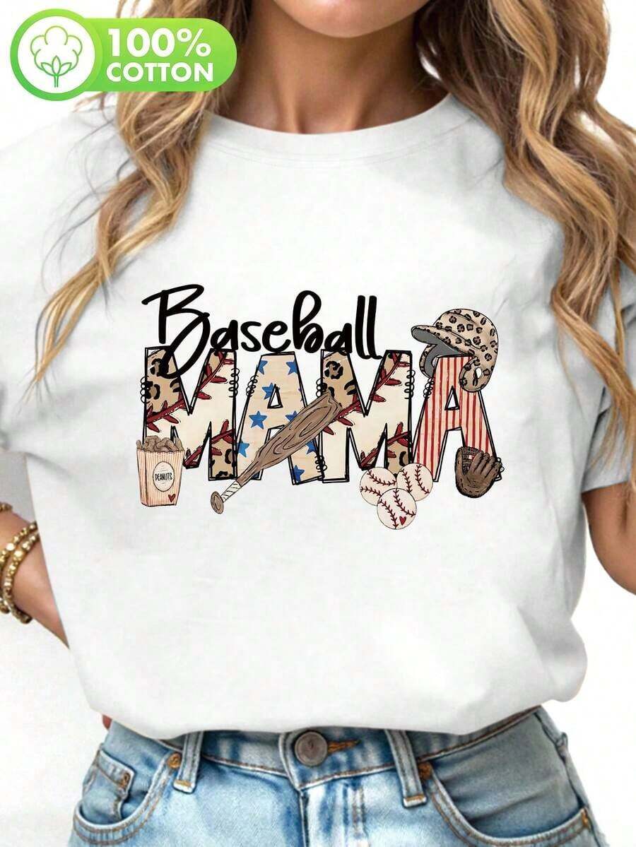 1 Pure Cotton T-Shirt With "Baseball Mama" Print, Mother's Day T-Shirt, Funny Baseball Season T-Shirt, Mother's Day Gift, Women's Casual Summer Short Sleeve Crew Neck T-Shirt, Gift For Baseball-Loving Mom, 180g 100% Cotton, All Designs Are Printed. Unisex. - 白色 - 查看 1