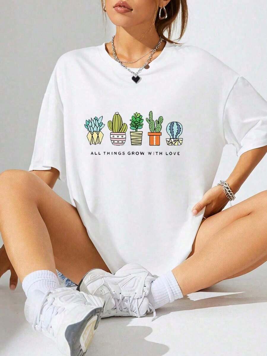 Gift 100% Cotton T-Shirt With Cactus And Succulent Print And The Phrase "All Things Grow With Love", Oversized Casual Short Sleeve T-Shirt For Women, Fresh And Positive Minimalist Streetwear Style, Ideal For Everyday Wear And Gift, Colors: White And Blue Available, Plus Size Available, Soft - 白色的 - 查看 1